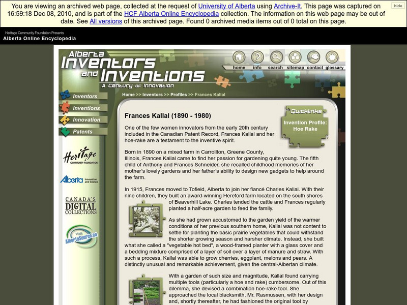Alberta Online Encyclopedia: Alberta Inventors and Inventions: Frances Kallal Handout Alberta Online Encyclopedia: Alberta Inventors and Inventions: Frances Kallal Handout
