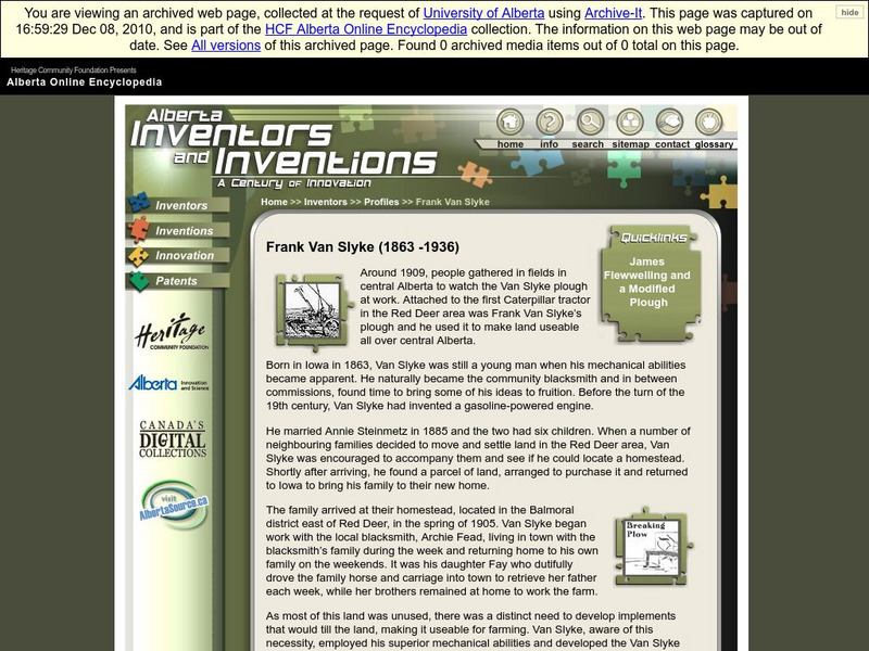 Alberta Online Encyclopedia: Alberta Inventors and Inventions: Frank Van Slyke Handout Alberta Online Encyclopedia: Alberta Inventors and Inventions: Frank Van Slyke Handout