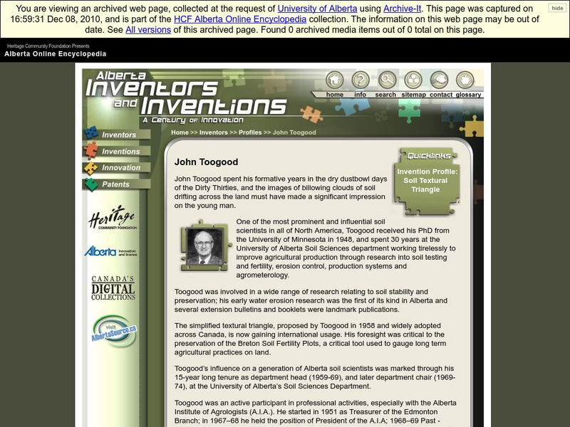 Alberta Online Encyclopedia: Alberta Inventors and Inventions: John Toogood Handout Alberta Online Encyclopedia: Alberta Inventors and Inventions: John Toogood Handout