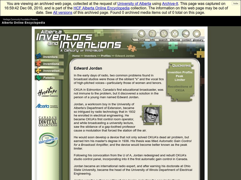 Alberta Online Encyclopedia: Alberta Inventors and Inventions: Edward Jordan Handout Alberta Online Encyclopedia: Alberta Inventors and Inventions: Edward Jordan Handout