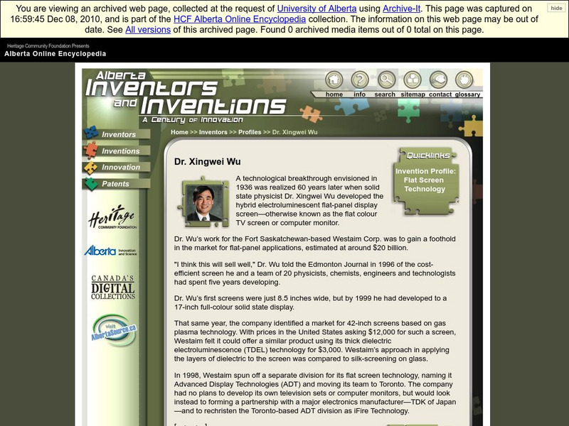 Alberta Online Encyclopedia: Alberta Inventors and Inventions: Dr. Xingwei Wu Handout Alberta Online Encyclopedia: Alberta Inventors and Inventions: Dr. Xingwei Wu Handout