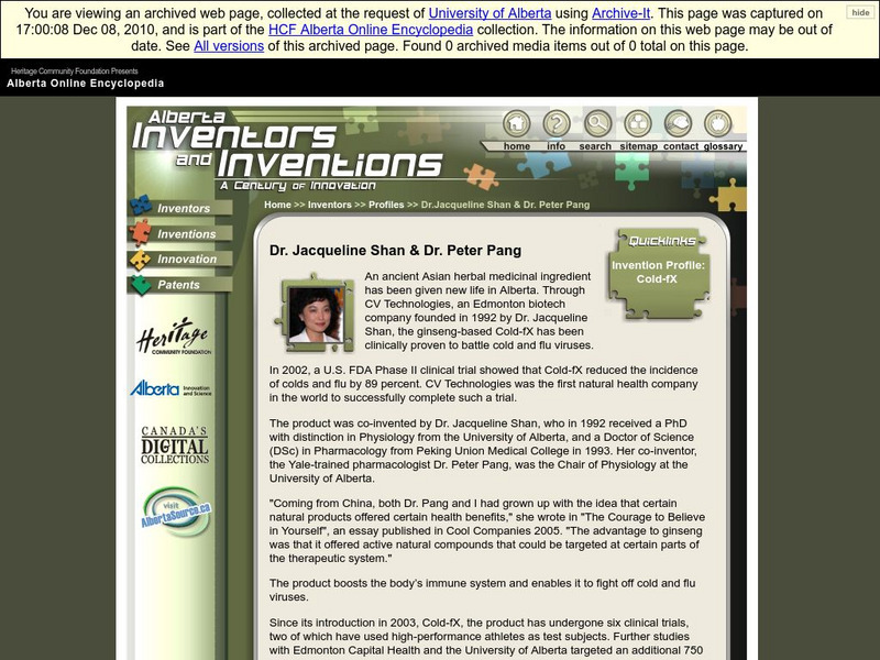 Alberta Online Encyclopedia: Alberta Inventors and Inventions: Dr. Jacqueline Shan & Dr. Peter Pang Handout Alberta Online Encyclopedia: Alberta Inventors and Inventions: Dr. Jacqueline Shan & Dr. Peter Pang Handout
