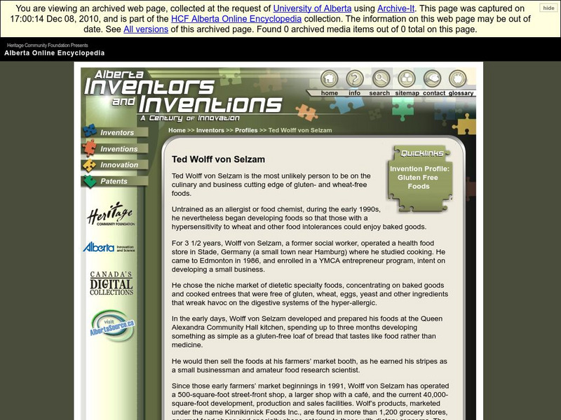 Alberta Online Encyclopedia: Alberta Inventors and Inventions: Ted Wolff Von Selzam Handout Alberta Online Encyclopedia: Alberta Inventors and Inventions: Ted Wolff Von Selzam Handout