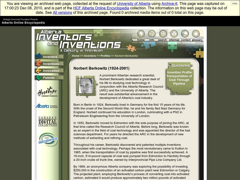Alberta Online Encyclopedia: Alberta Inventors and Inventions: Norbert Berkowitz Handout Alberta Online Encyclopedia: Alberta Inventors and Inventions: Norbert Berkowitz Handout