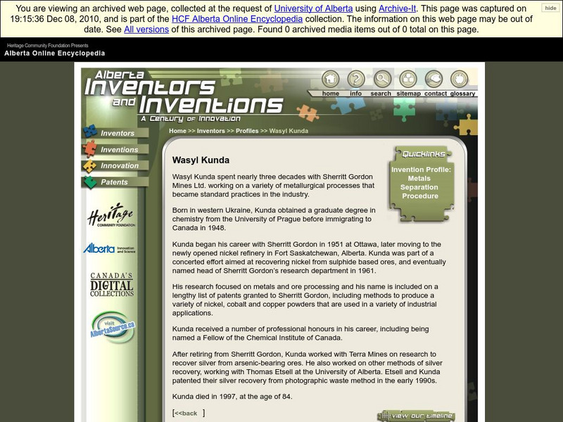 Alberta Online Encyclopedia: Alberta Inventors and Inventions: Wasyl Kunda Handout Alberta Online Encyclopedia: Alberta Inventors and Inventions: Wasyl Kunda Handout