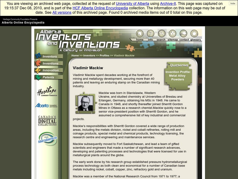 Alberta Online Encyclopedia: Alberta Inventors and Inventions: Vladimir Mackiw Handout Alberta Online Encyclopedia: Alberta Inventors and Inventions: Vladimir Mackiw Handout