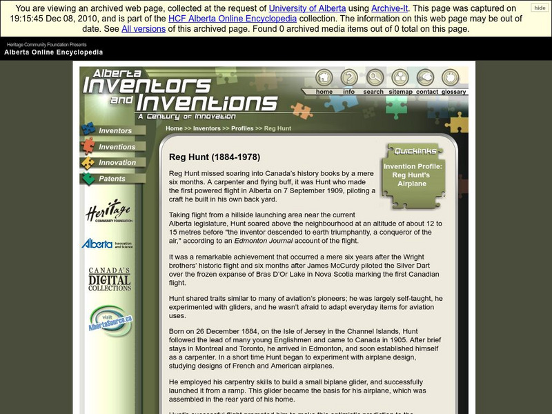 Alberta Online Encyclopedia: Alberta Inventors and Inventions: Reg Hunt Handout Alberta Online Encyclopedia: Alberta Inventors and Inventions: Reg Hunt Handout