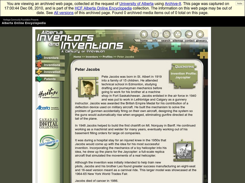 Alberta Online Encyclopedia: Alberta Inventors and Inventions: Peter Jacobs Handout Alberta Online Encyclopedia: Alberta Inventors and Inventions: Peter Jacobs Handout