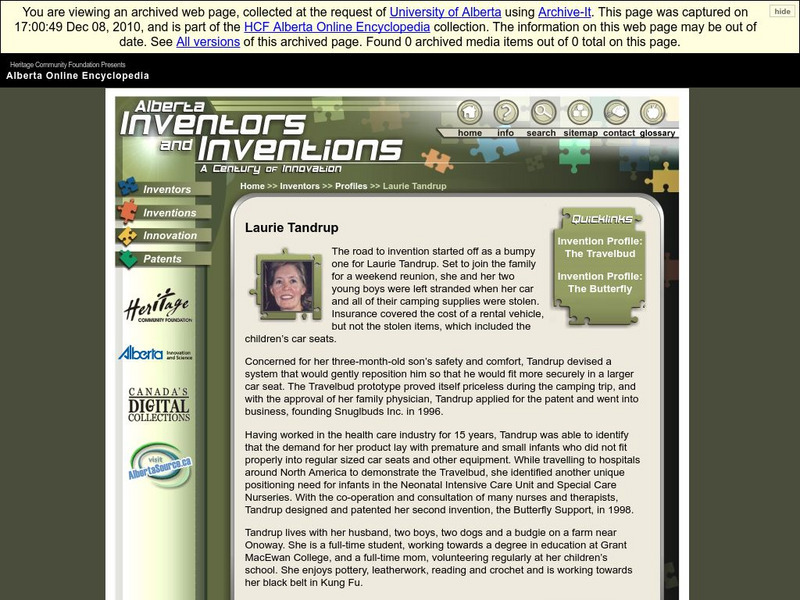 Alberta Online Encyclopedia: Alberta Inventors and Inventions: Laurie Tandrup Handout