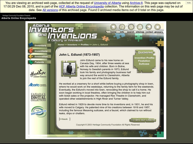 Alberta Online Encyclopedia: Alberta Inventors and Inventions: John L. Edlund Handout Alberta Online Encyclopedia: Alberta Inventors and Inventions: John L. Edlund Handout