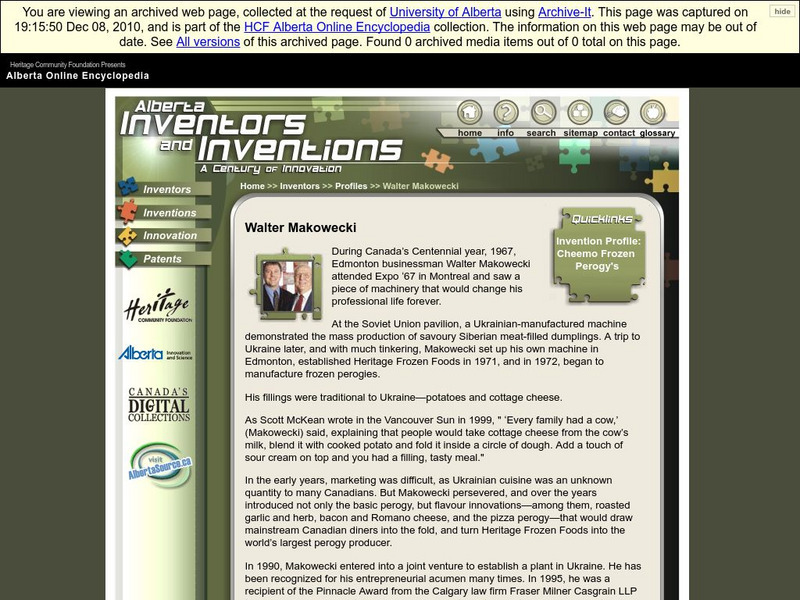 Alberta Online Encyclopedia: Alberta Inventors and Inventions: Walter Makowecki Handout