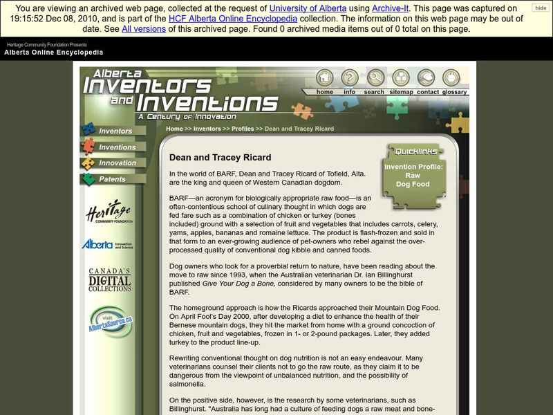 Alberta Online Encyclopedia: Alberta Inventors and Inventions: Dean and Tracey Ricard Handout Alberta Online Encyclopedia: Alberta Inventors and Inventions: Dean and Tracey Ricard Handout