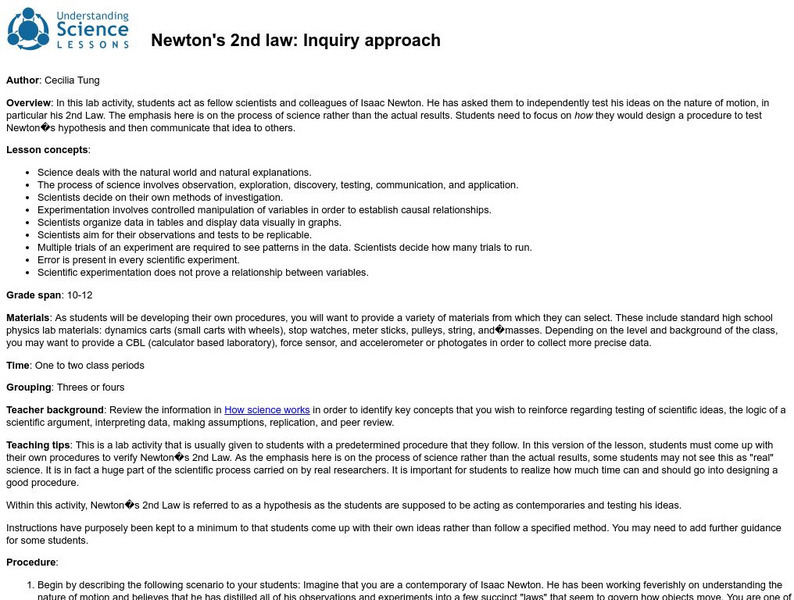 Understanding Science: Newton's 2nd Law: Inquiry Approach Lesson Activity Understanding Science: Newton's 2nd Law: Inquiry Approach Lesson Activity