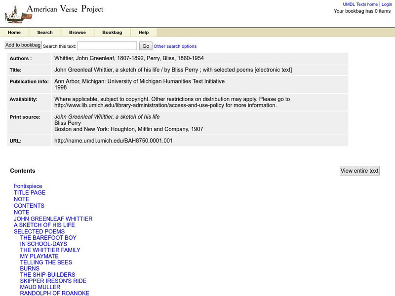 American Verse Project: John Greenleaf Whittier, a Sketch of His Life eBook