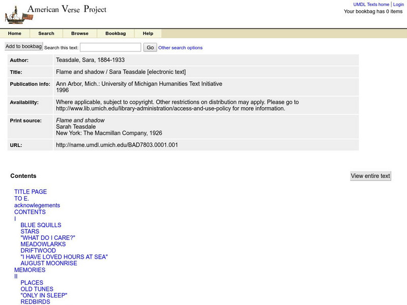 American Verse Project: Flame and Shadow, by Sara Teasdale eBook