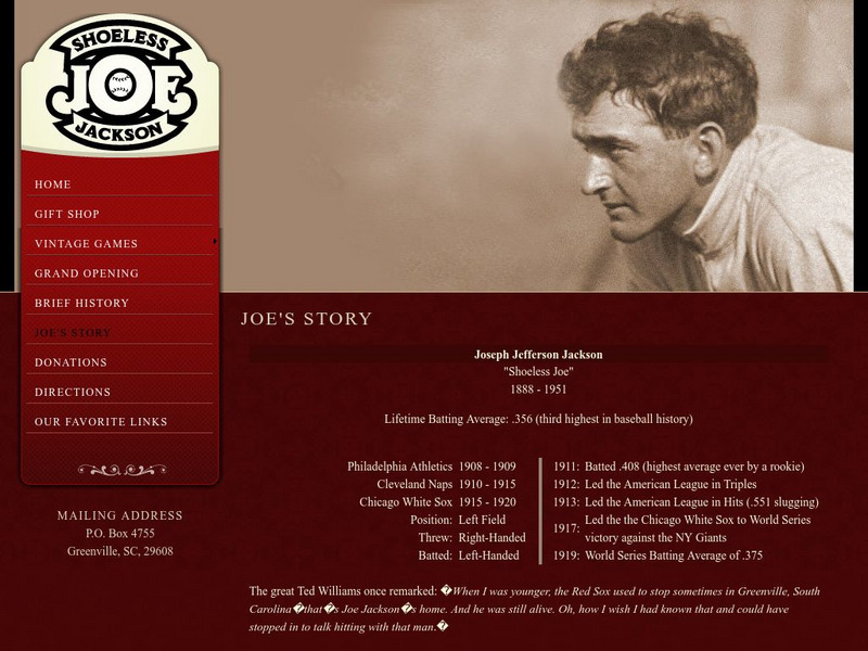 Shoeless Joe Jackson Museum: Joe's Story Website