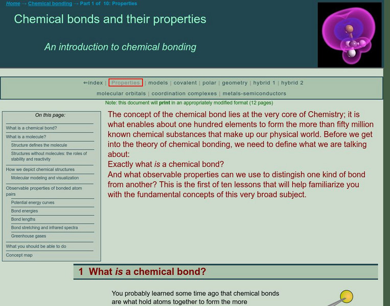 Chem1 Virtual Textbook: Molecules and the Properties of Bonded Atoms Handout Chem1 Virtual Textbook: Molecules and the Properties of Bonded Atoms Handout