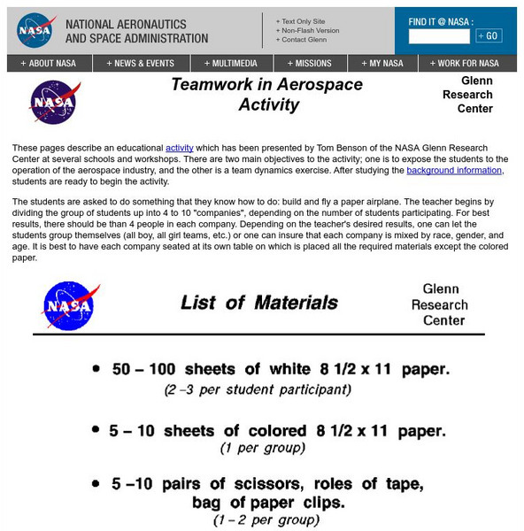 Nasa: Glenn Research Center: Teamwork in Aerospace Activity Activity Nasa: Glenn Research Center: Teamwork in Aerospace Activity Activity