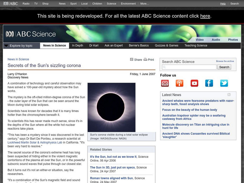 Australian Broadcasting Corporation: News in Science: Secrets of the Sun's Sizzling Corona Website Australian Broadcasting Corporation: News in Science: Secrets of the Sun's Sizzling Corona Website