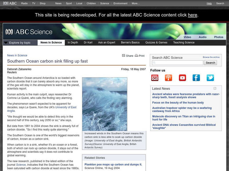 Australian Broadcasting Corporation: News in Science: Southern Ocean Carbon Sink Filling Up Fast Article
