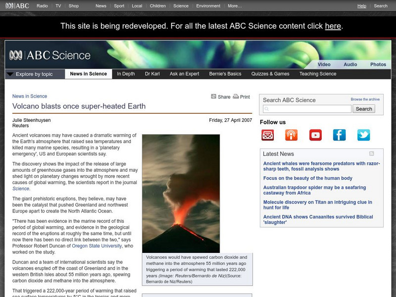 Australian Broadcasting Corporation: News in Science: Volcano Blasts Once Super Heated Earth Article Australian Broadcasting Corporation: News in Science: Volcano Blasts Once Super Heated Earth Article