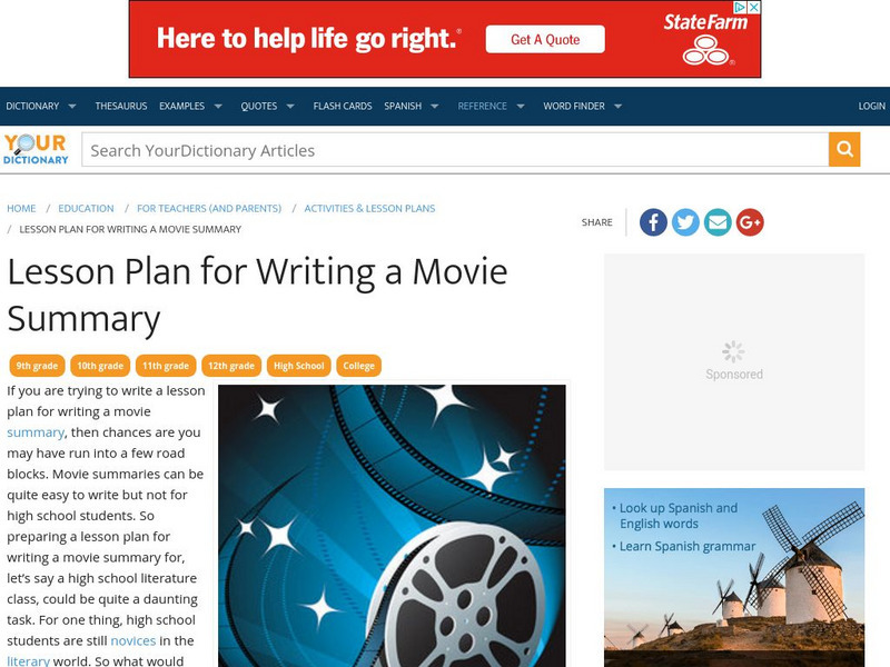 Your Dictionary: Lesson Plan for Writing a Movie Summary Lesson Plan Your Dictionary: Lesson Plan for Writing a Movie Summary Lesson Plan