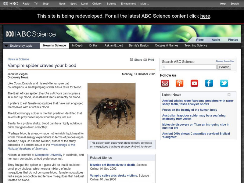 Australian Broadcasting Corporation: News in Science: Vampire Spider Craves Your Blood Handout Australian Broadcasting Corporation: News in Science: Vampire Spider Craves Your Blood Handout
