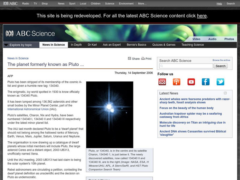 Australian Broadcasting Corporation: News in Science: The Planet Formerly Known as Pluto Article
