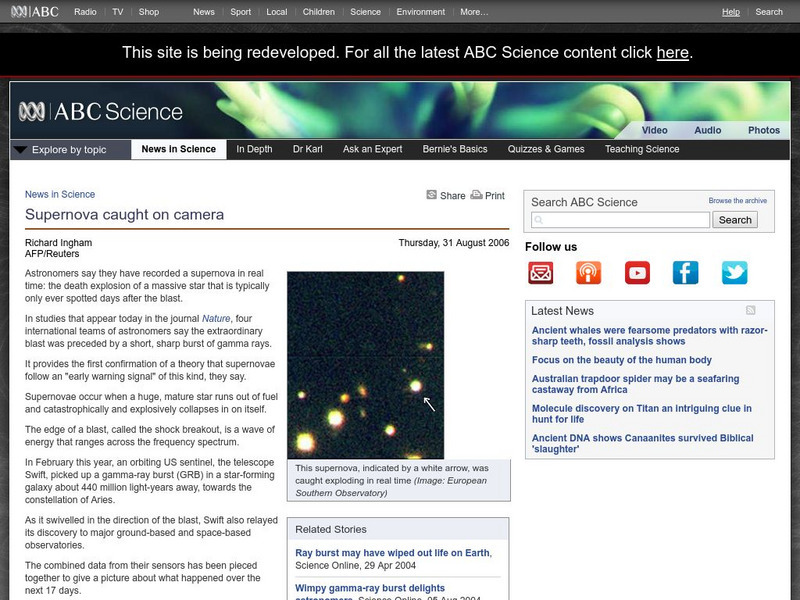 Australian Broadcasting Corporation: News in Science: Supernova Caught on Camera Website Australian Broadcasting Corporation: News in Science: Supernova Caught on Camera Website