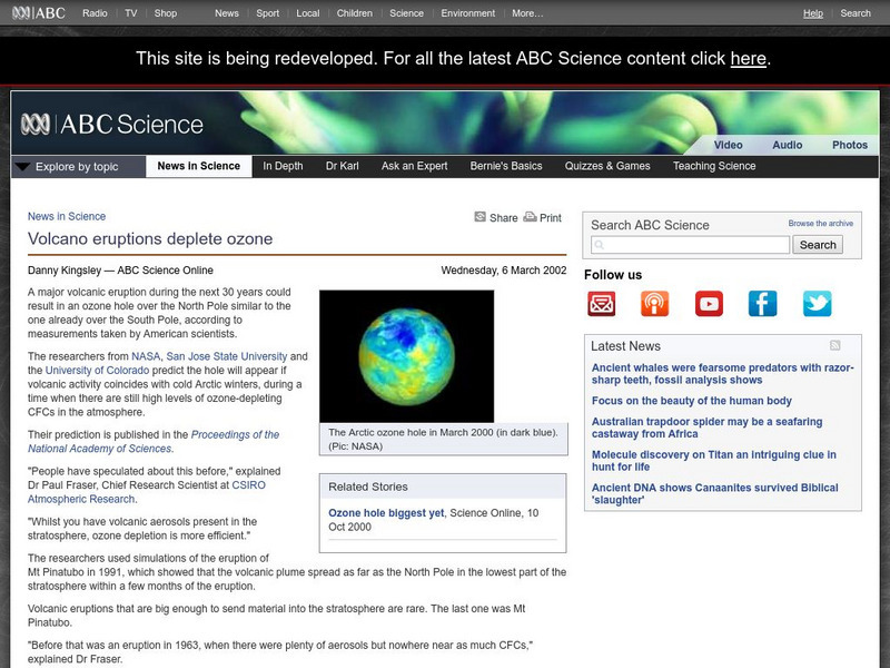 Australian Broadcasting Corporation: News in Science: Volcano Eruptions Deplete Ozone Article Australian Broadcasting Corporation: News in Science: Volcano Eruptions Deplete Ozone Article