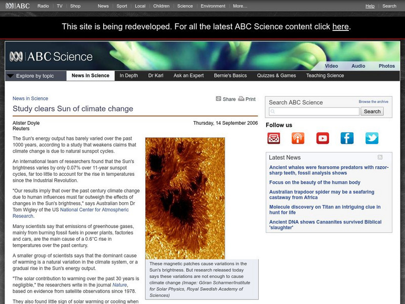 Australian Broadcasting Corporation: News in Science: Study Clears Sun of Climate Change Website