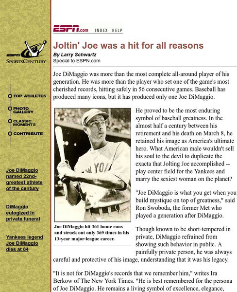 Espn: Joltin' Joe Was a Hit for All Reasons Article Espn: Joltin' Joe Was a Hit for All Reasons Article