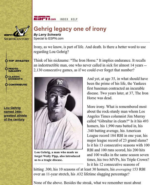 Espn: Gehrig Legacy One of Irony Article Espn: Gehrig Legacy One of Irony Article