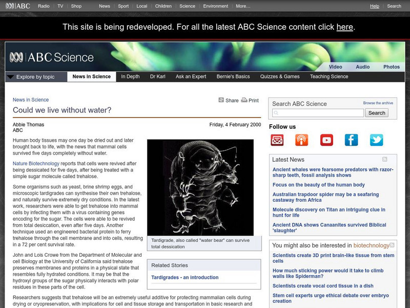 Australian Broadcasting Corporation: News in Science: Could We Live Without Water? Article Australian Broadcasting Corporation: News in Science: Could We Live Without Water? Article