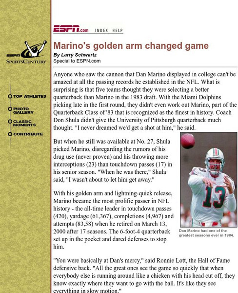 Espn: Espn: Marino's Goldern Arm Changed Game Article Espn: Espn: Marino's Goldern Arm Changed Game Article