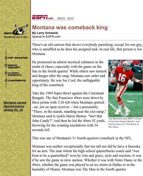 Espn: Montana Was Comeback King Article Espn: Montana Was Comeback King Article