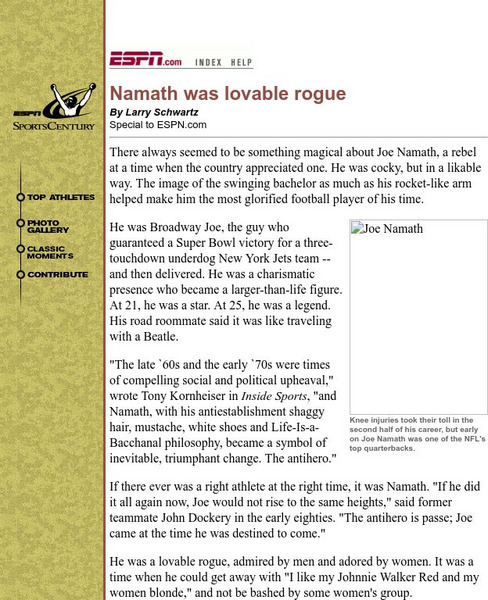 Espn: Namath Was Lovable Rogue Handout Espn: Namath Was Lovable Rogue Handout