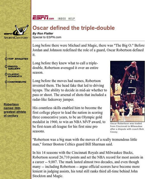 Espn: Oscar Defined the Triple Double Article