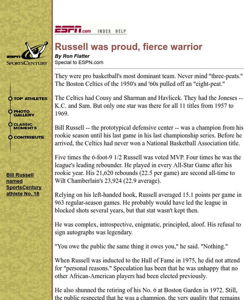Espn: Russell Was Proud, Fierce Warrior Article