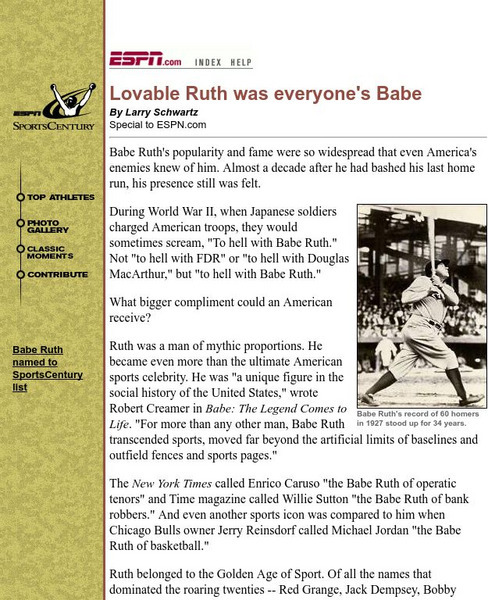 Espn: Lovable Ruth Was Everyone's Babe Handout Espn: Lovable Ruth Was Everyone's Babe Handout