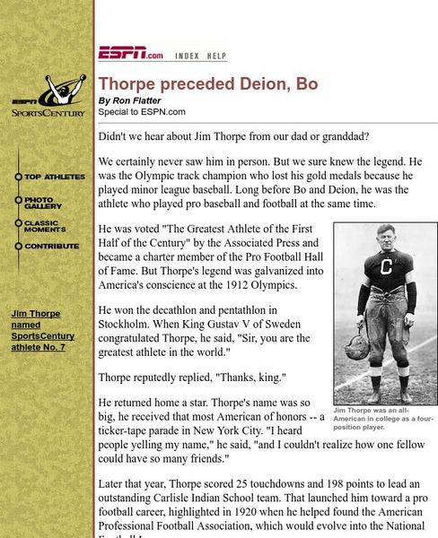 Espn: Thorpe Preceded Deion, Bo Article Espn: Thorpe Preceded Deion, Bo Article