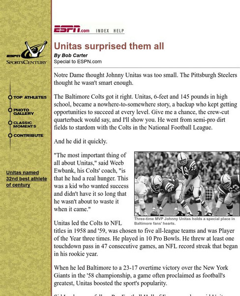 Espn: Unitas Surprised Them All Activity