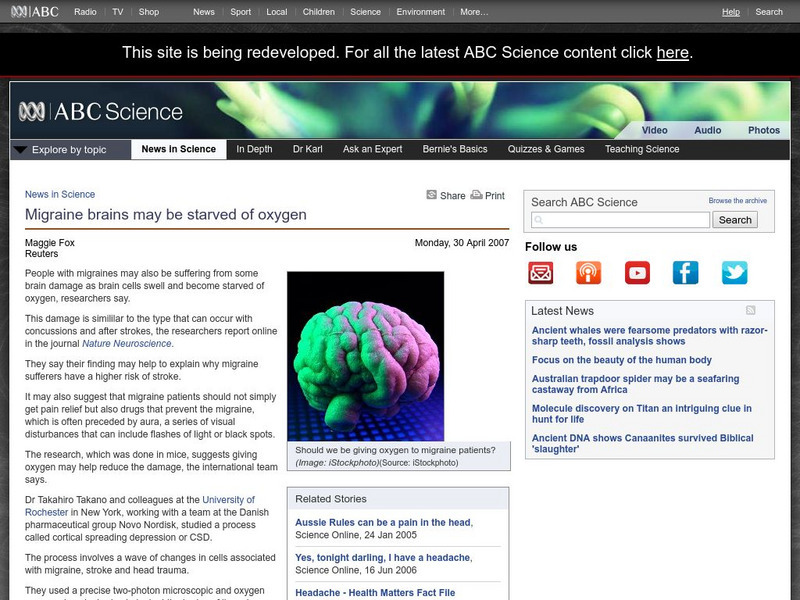 Australian Broadcasting Corporation: News in Science: Migraine Brains Handout Australian Broadcasting Corporation: News in Science: Migraine Brains Handout