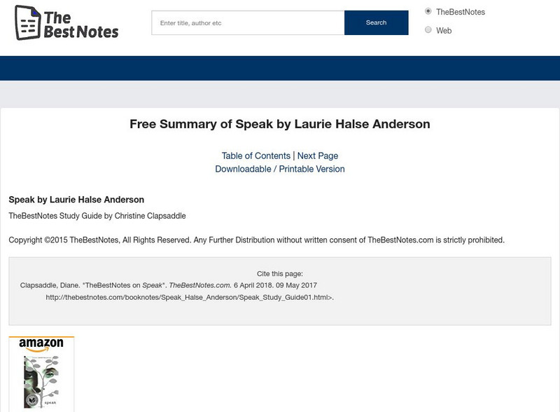 The Best Notes: Speak by Laurie Halse Anderson Unit Plan The Best Notes: Speak by Laurie Halse Anderson Unit Plan