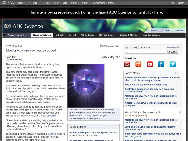 Australian Broadcasting Corporation: News in Science: Mercury's Core Secrets Exposed Article