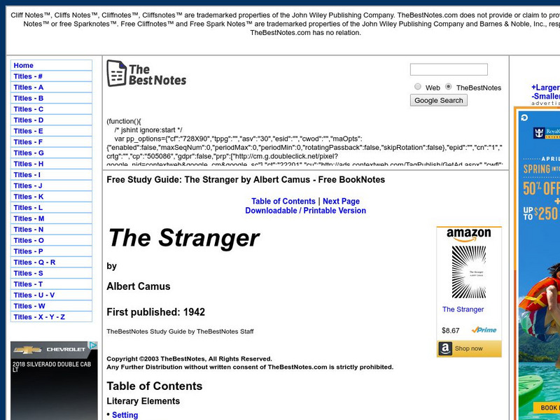 The Best Notes: The Stranger by Albert Camus Unit Plan The Best Notes: The Stranger by Albert Camus Unit Plan