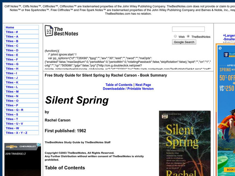 The Best Notes: Silent Spring by Rachel Carson Unit Plan The Best Notes: Silent Spring by Rachel Carson Unit Plan