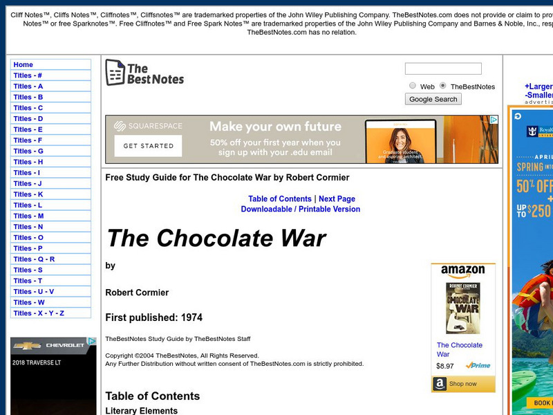 The Best Notes: The Chocolate War by Robert Cormier Unit Plan The Best Notes: The Chocolate War by Robert Cormier Unit Plan