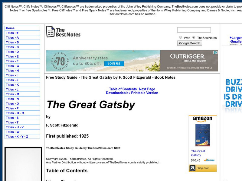 The Best Notes: The Great Gatsby by F. Scott Fitzgerald Unit Plan The Best Notes: The Great Gatsby by F. Scott Fitzgerald Unit Plan