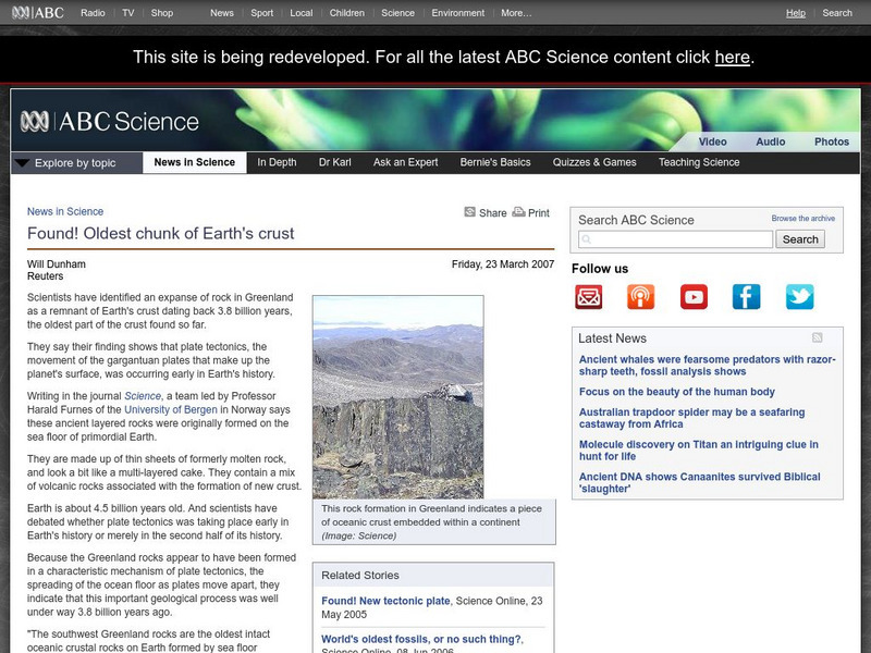 Australian Broadcasting Corporation: News in Science: Found! Oldest Chunk of Earth's Crust Handout